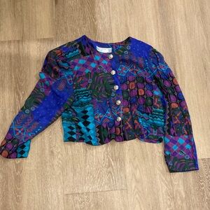 Vintage multicolor gold button blouse with bulky shoulders